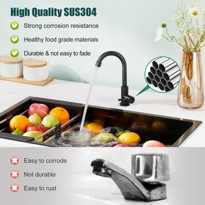 Matte Black Cold Water Only Kitchen Faucet Single Handle 1 Hole Deck Mount 360 Degree Swivel Spout High Arc SUS304 Stainless Steel Sink Bar Tap Goose Neck with Hose(Drain Not Included)