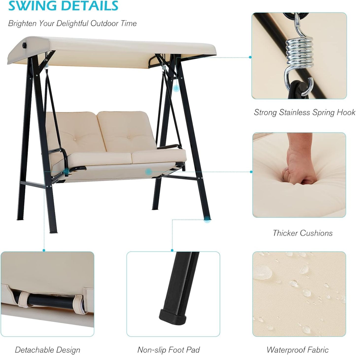 2-Seat Porch Swing Chair, Patio Swing Chair with Stand and Removable Cushions, Outdoor Canopy Swing Chair for Outside, Backyard, Garden(Beige Cushion&Steel Frame)