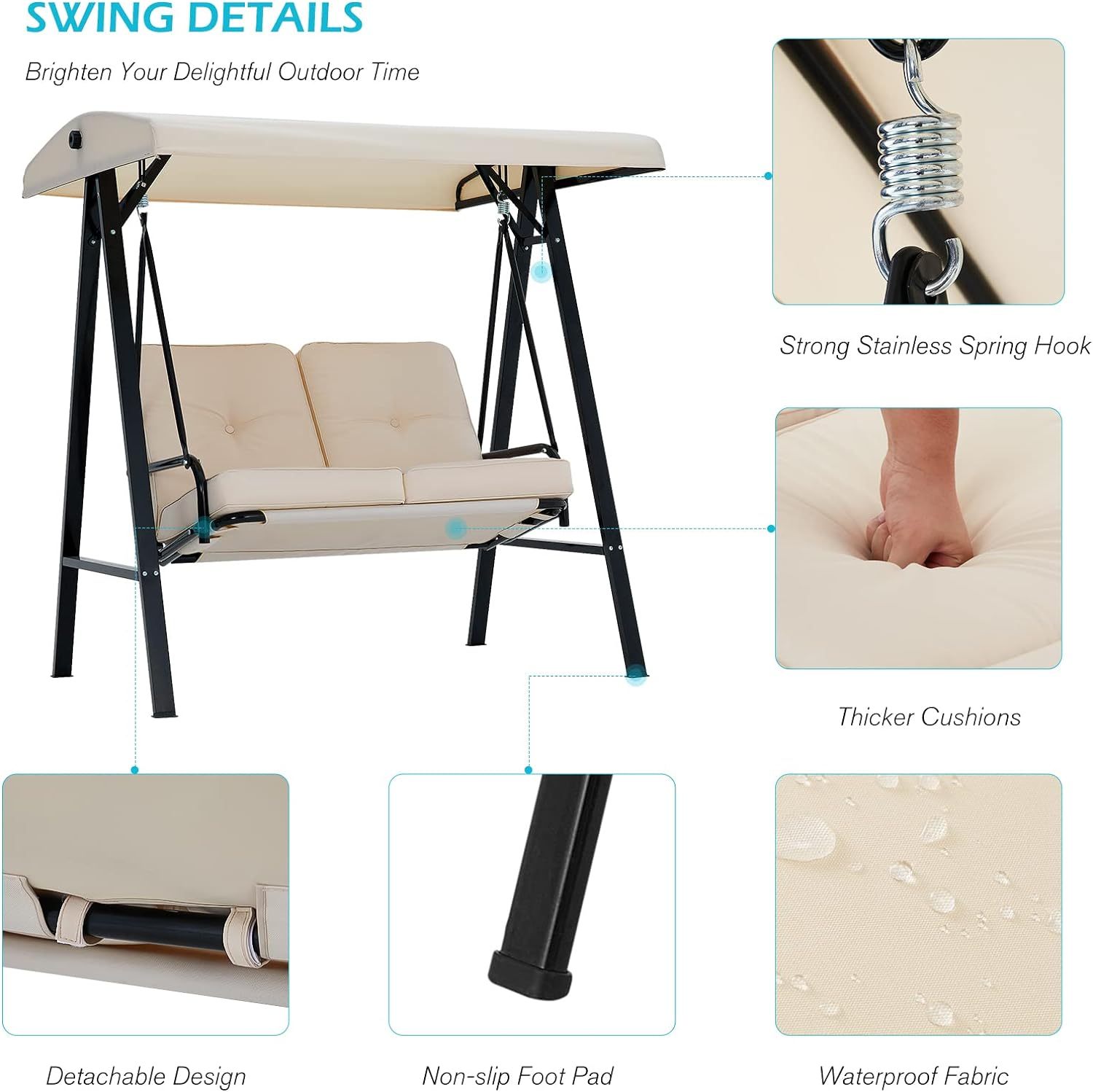 2-Seat Porch Swing Chair, Patio Swing Chair with Stand and Removable Cushions, Outdoor Canopy Swing Chair for Outside, Backyard, Garden(Beige Cushion&Steel Frame)