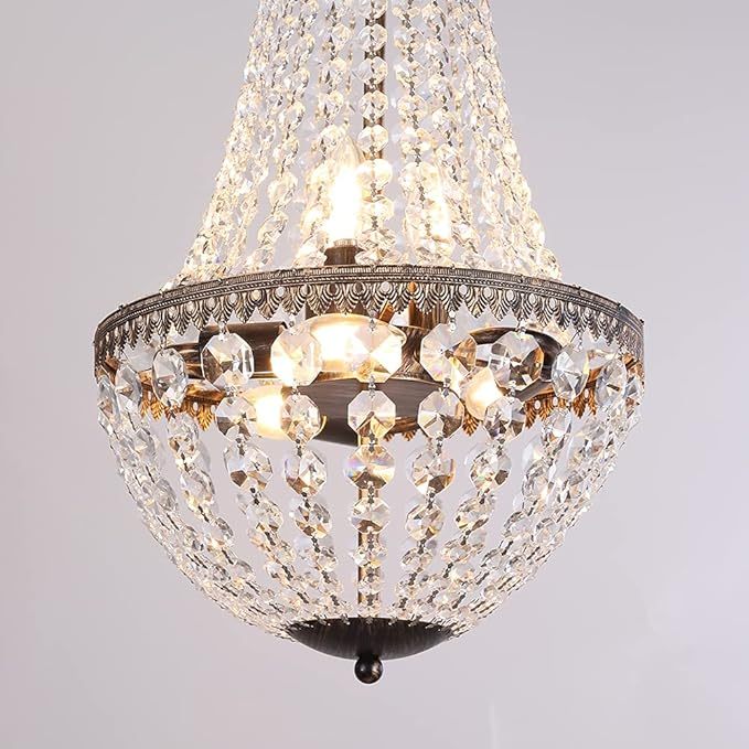 6 Lights French Empire Crystal Chandelier, 13 Inch Farmhouse Pendant Chandeliers Lighting, Adjustable Antique Bronze Ceiling Light