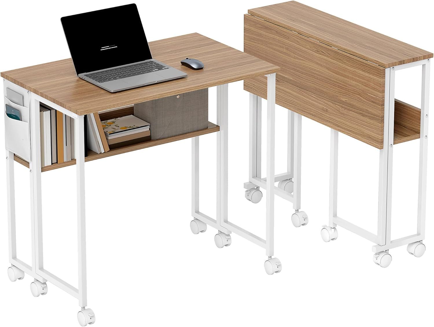 Rolling Computer Desk Foldable with Storage Bag and Shelf, 31.5" Portable Writing Table on Wheels