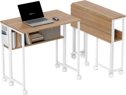 Rolling Computer Desk Foldable with Storage Bag and Shelf, 31.5" Portable Writing Table on Wheels