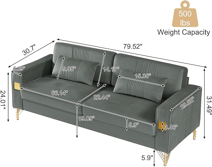 79”W Velvet Small Sofa Couch, Modern Oversized Loveseat with 2 Matching Pillows
