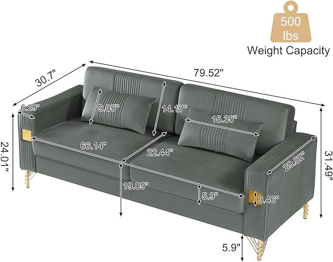 79”W Velvet Small Sofa Couch, Modern Oversized Loveseat with 2 Matching Pillows