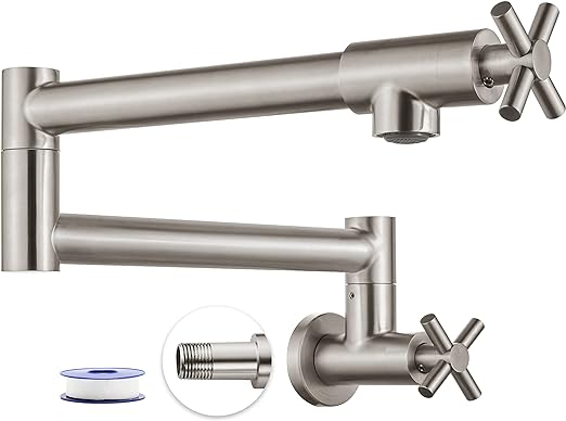 Pot Filler Kitchen Faucet Stainless Steel SUS304 Two Cross Handle Single Hole 19" Spout Wall Mounted Stretchable Swing Arm Brushed Nickel Commercial Kitchen Faucet Control Water