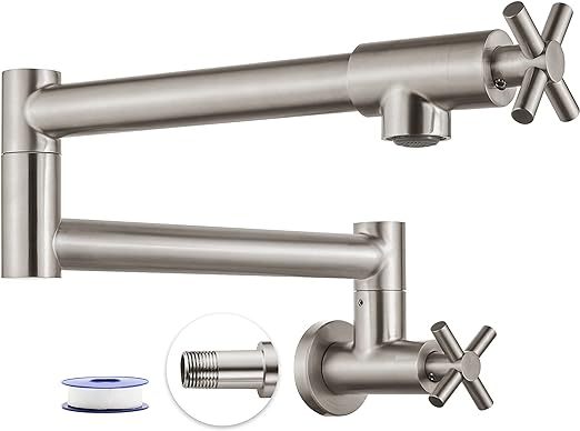 Pot Filler Kitchen Faucet Stainless Steel SUS304 Two Cross Handle Single Hole 19" Spout Wall Mounted Stretchable Swing Arm Brushed Nickel Commercial Kitchen Faucet Control Water