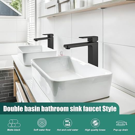 Vessel Sink Faucet Bathroom Sink Faucet Tall Body Vessel Bowl Tap Single-Hole Deck Mount Lavatory Vanity Mixer Bar Tap Tall Spout Brass Tall Bathroom Faucet,Matte Black,with Drain