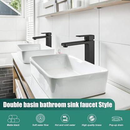 Vessel Sink Faucet Bathroom Sink Faucet Tall Body Vessel Bowl Tap Single-Hole Deck Mount Lavatory Vanity Mixer Bar Tap Tall Spout Brass Tall Bathroom Faucet,Matte Black,with Drain