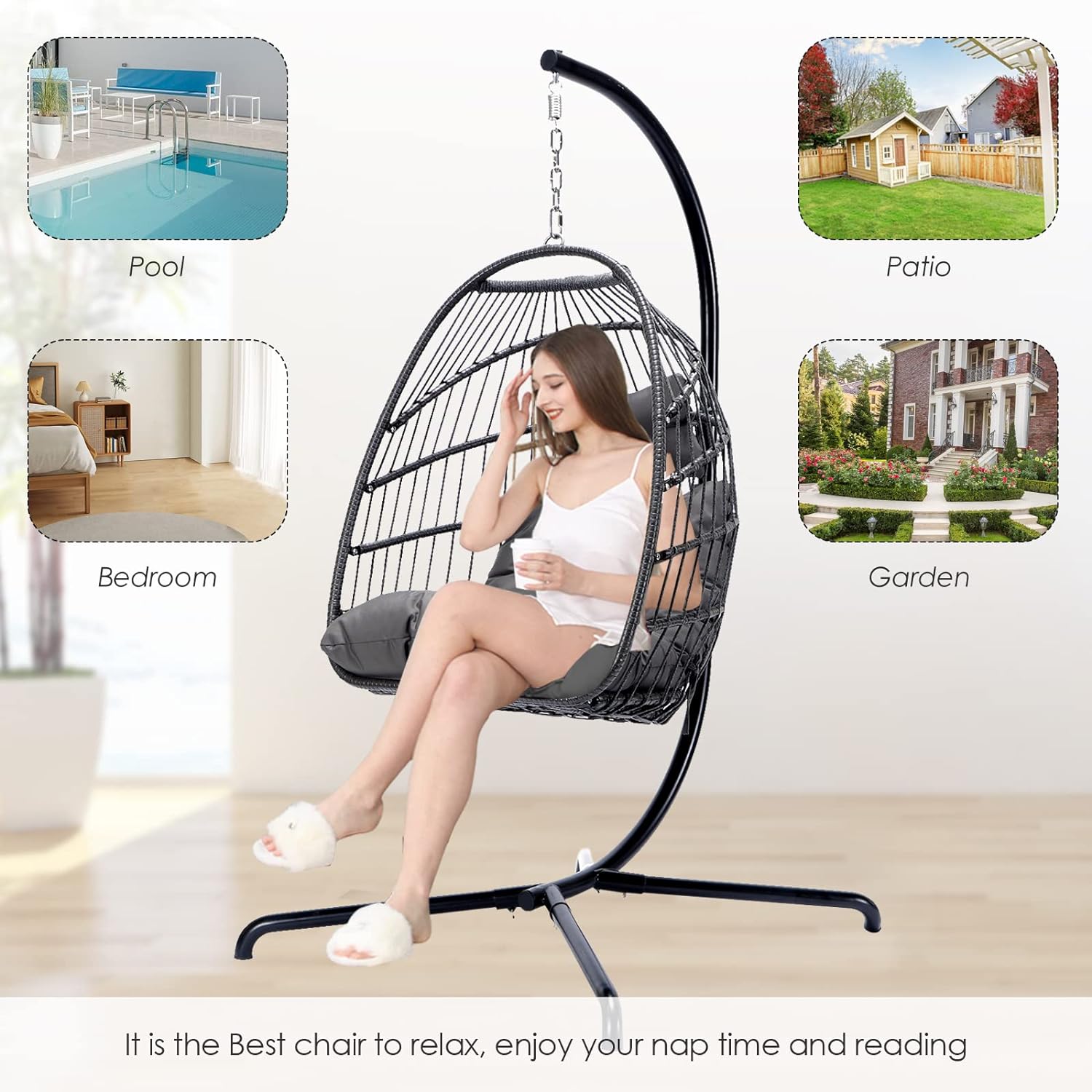 Hanging Egg Chair with Stand Outdoor Swinging Egg Chair with Water Resistant Cushions