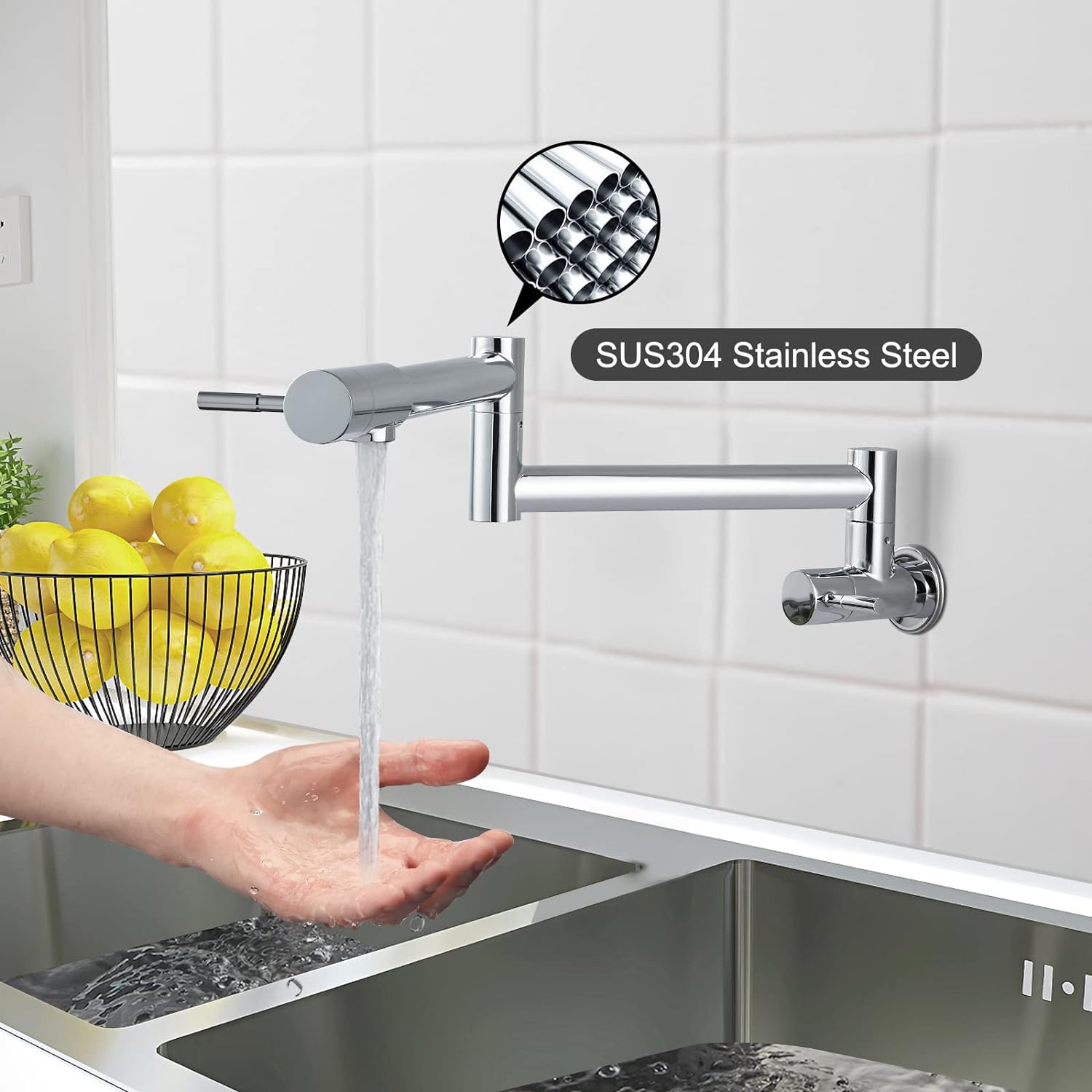 Kitchen Restaurant Faucet Polished Chrome 19 Inch Wall Mounted Folding Stretchable Double Joint Swing Arm Single Hole Two Handles Commercial NPT Stainless Steel Pot Filler