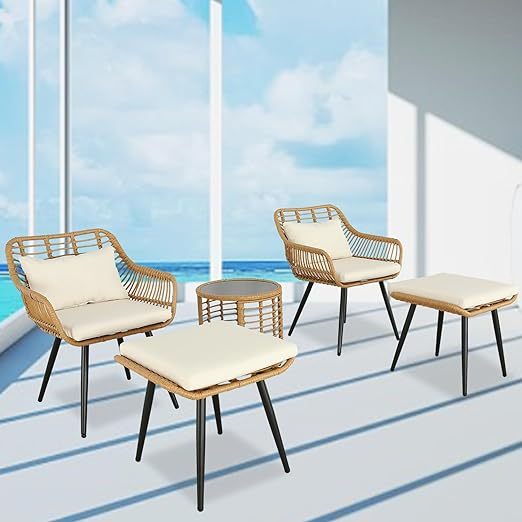 5 Piece Outdoor Bistro Set Patio Set Balcony Furniture Outdoor Furniture Rattan Chair Conversation Sets with Side Table for Porch, Backyard, Balcony (Beige, Set of 5)