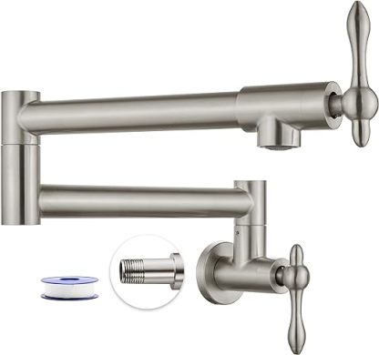 Pot Filler Faucet Stainless Steel SUS304 Brushed Nickel Double Joint Spout Stretchable Swing Arm with Single Hole 19 Inch Two Handles Wall Mounted Commercial Kitchen Faucet