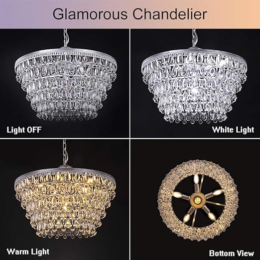 20 Inch Crystal Chandeliers, 6 Lights 5 Tiers Crystal Light, Adjustable Ceiling Pendant Lights, Modern Hanging Chandelier Lighting Fixture for Dining Room, Bedroom, Hallway, Bar, Kitchen, Bath