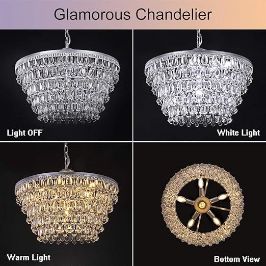 20 Inch Crystal Chandeliers, 6 Lights 5 Tiers Crystal Light, Adjustable Ceiling Pendant Lights, Modern Hanging Chandelier Lighting Fixture for Dining Room, Bedroom, Hallway, Bar, Kitchen, Bath