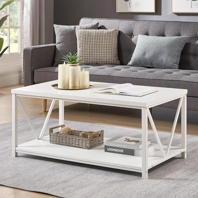 Rustic Coffee Table, Modern Living Room Table with Storage Shelf, White Oak