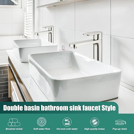 Brushed Nickel Vessel Sink Bathroom Tall Faucet One Hole Single Handle Basin Mixer Tap Lavatory Vanity Brass Pop Up Drain Included Deck Mount Modern Tall Bathroom Faucet
