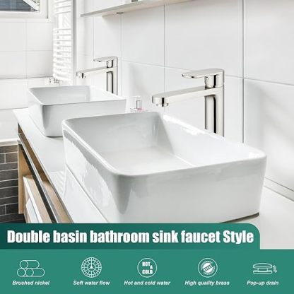 Brushed Nickel Vessel Sink Bathroom Tall Faucet One Hole Single Handle Basin Mixer Tap Lavatory Vanity Brass Pop Up Drain Included Deck Mount Modern Tall Bathroom Faucet