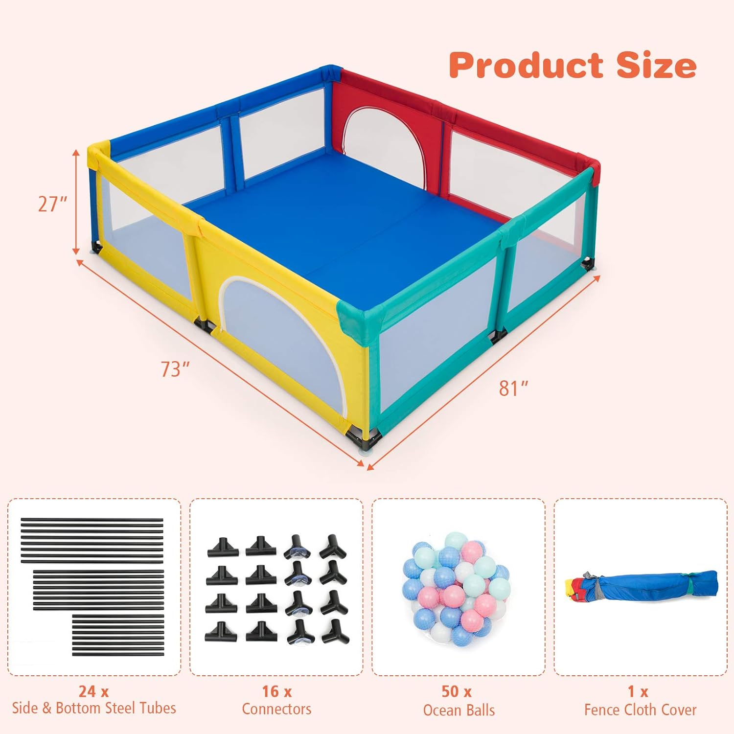 Extra Large Baby Gate Playpen w/ 50 Ocean Balls, No Gaps Infant Safety Gates