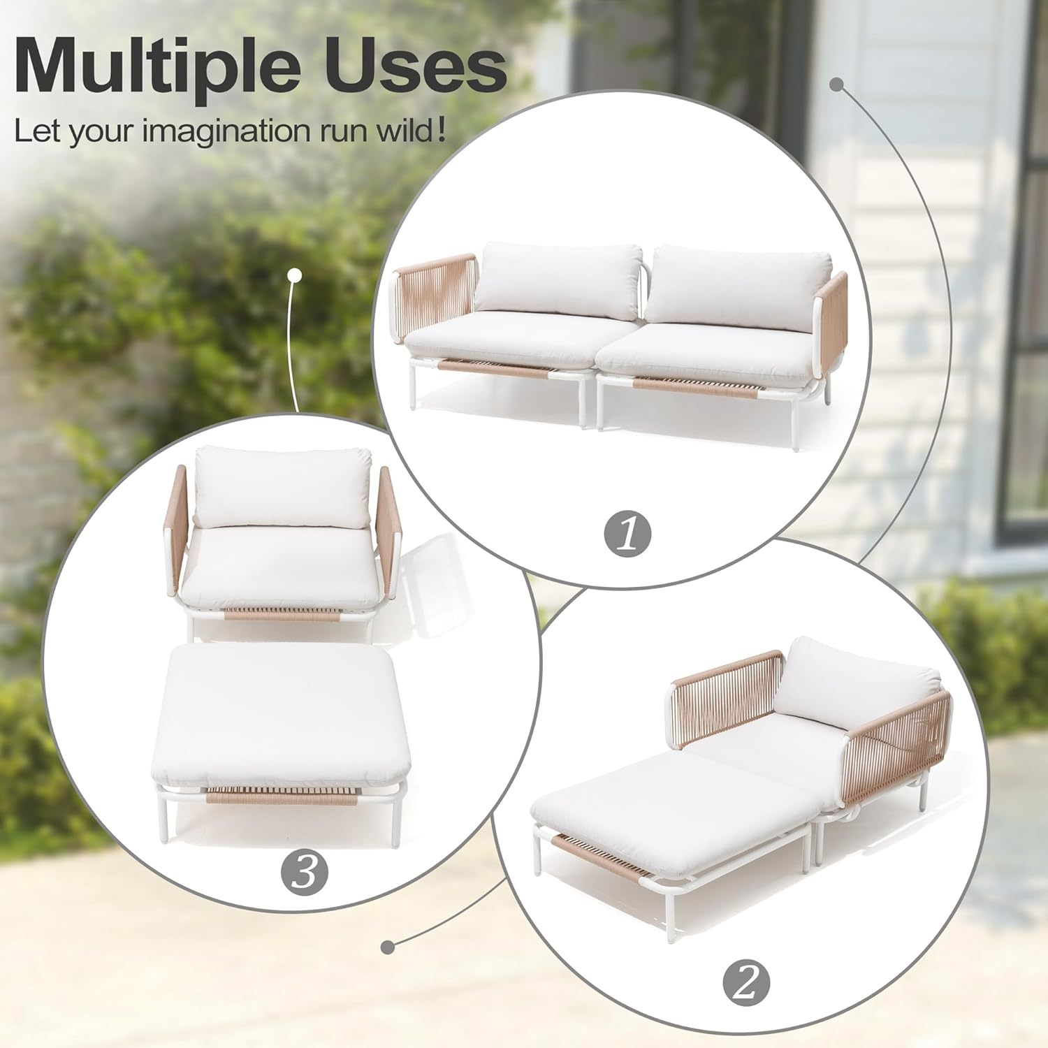 Patio Furniture Set, Outdoor Patio Furniture Oversized Metal Patio Sectional Sofa, 2-Seat Conversation Set with Cushion for Indoor and Outdoor, White Frame & Meige Mat