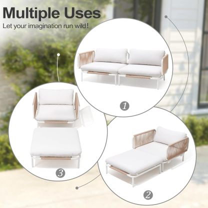 Patio Furniture Set, Outdoor Patio Furniture Oversized Metal Patio Sectional Sofa, 2-Seat Conversation Set with Cushion for Indoor and Outdoor, White Frame & Meige Mat
