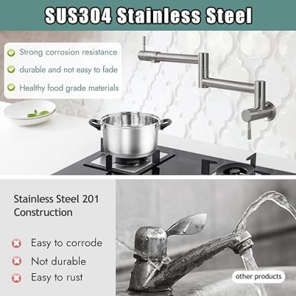 19" Pot Filler Brushed Nickel Wall Mounted Folding Stretchable Kitchen Restaurant Faucet with Double Joint Swing Arm Single Hole Two Handles Commercial NPT Stainless Steel Stove Tap
