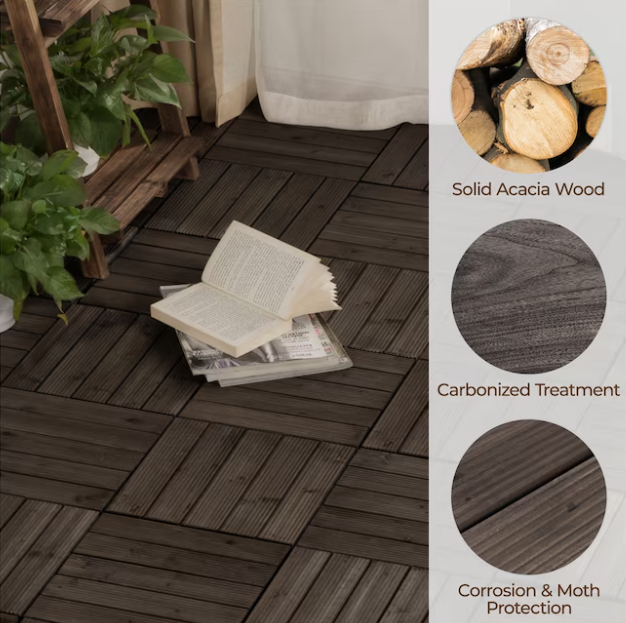 12in Black Pack of 27 Acacia Wood Flooring Tiles