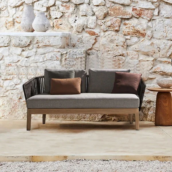 Modern Style Rattan Woven Outdoor Loveseat in Ash Wood Legs