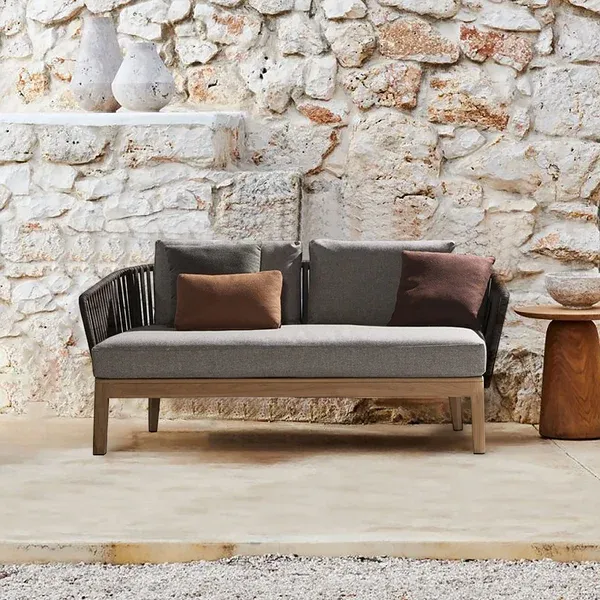 Modern Style Rattan Woven Outdoor Loveseat in Ash Wood Legs