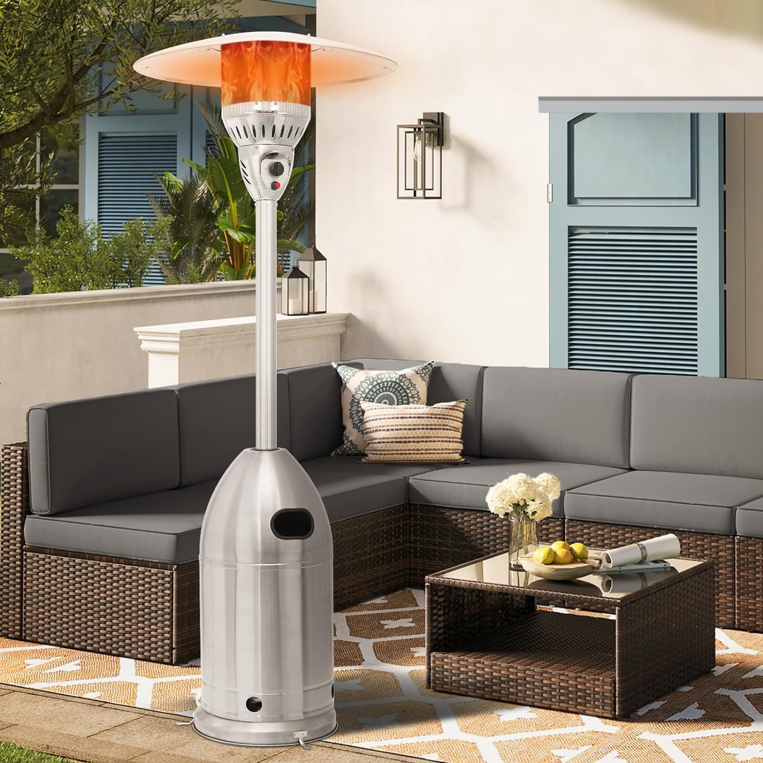 41000 BTU Propane Patio Heater with Wheels and Stainless Steel Burner Outdoor Patio Heater for Commercial Use, Residential, Garden, Backyard, Porch, Deck, Balcony (Silver)