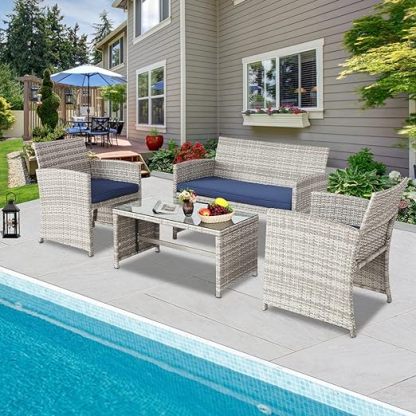 4 Pieces Outdoor Conversation Set Sectional Patio Furniture with PE Wicker Rattan Patio Set with Glass Coffee Side Table All Weather Furniture for Backyard