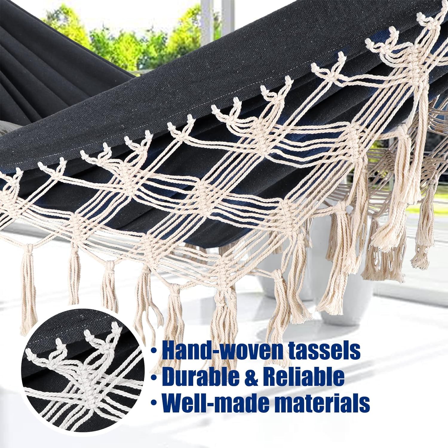 Garden Cotton Hammock Comfortable Fabric Elegant Deluxe Tassels Durable Swing Hammock Up to 450lbs Portable Hammock with Travel Bag,Perfect for Porch Patio Yard Bedroom Outdoor/Indoor