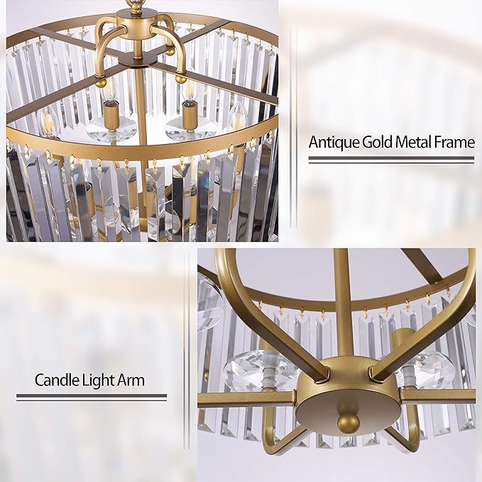 Gold Crystal Chandelier, 6 Lights Modern Gold Drum Chandelier Light Hanging Round Light Fixture for Dining Room, Living Room, Bedroom, Entryway, Kitchen, Foyer, 20'' W