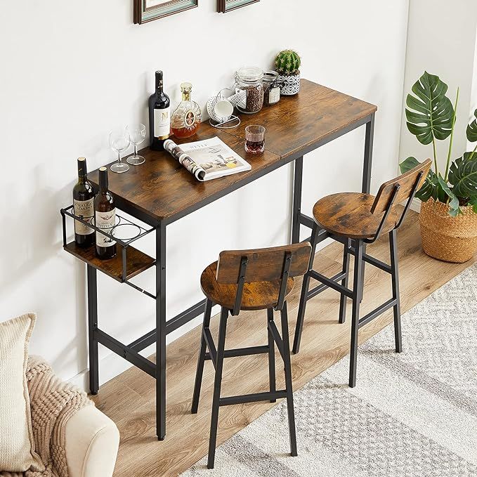 3-Piece Bar Table and Chairs Set, High Top Pub Table with Folding Wine Rack & 2 Wooden Stools