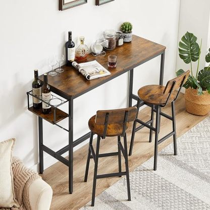 3-Piece Bar Table and Chairs Set, High Top Pub Table with Folding Wine Rack & 2 Wooden Stools