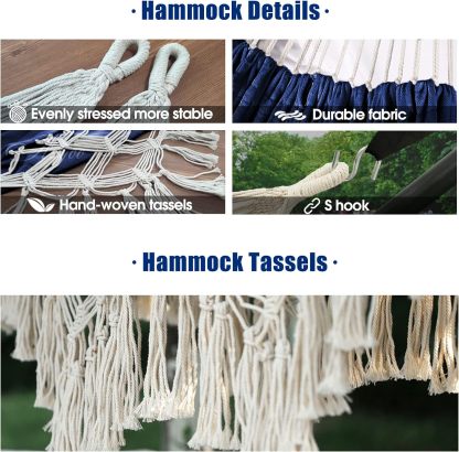 Garden Cotton Hammock Comfortable Fabric Elegant Deluxe Tassels Durable Swing Hammock Up to 450lbs Portable Hammock with Travel Bag,Perfect for Porch Patio Yard Bedroom Outdoor/Indoor