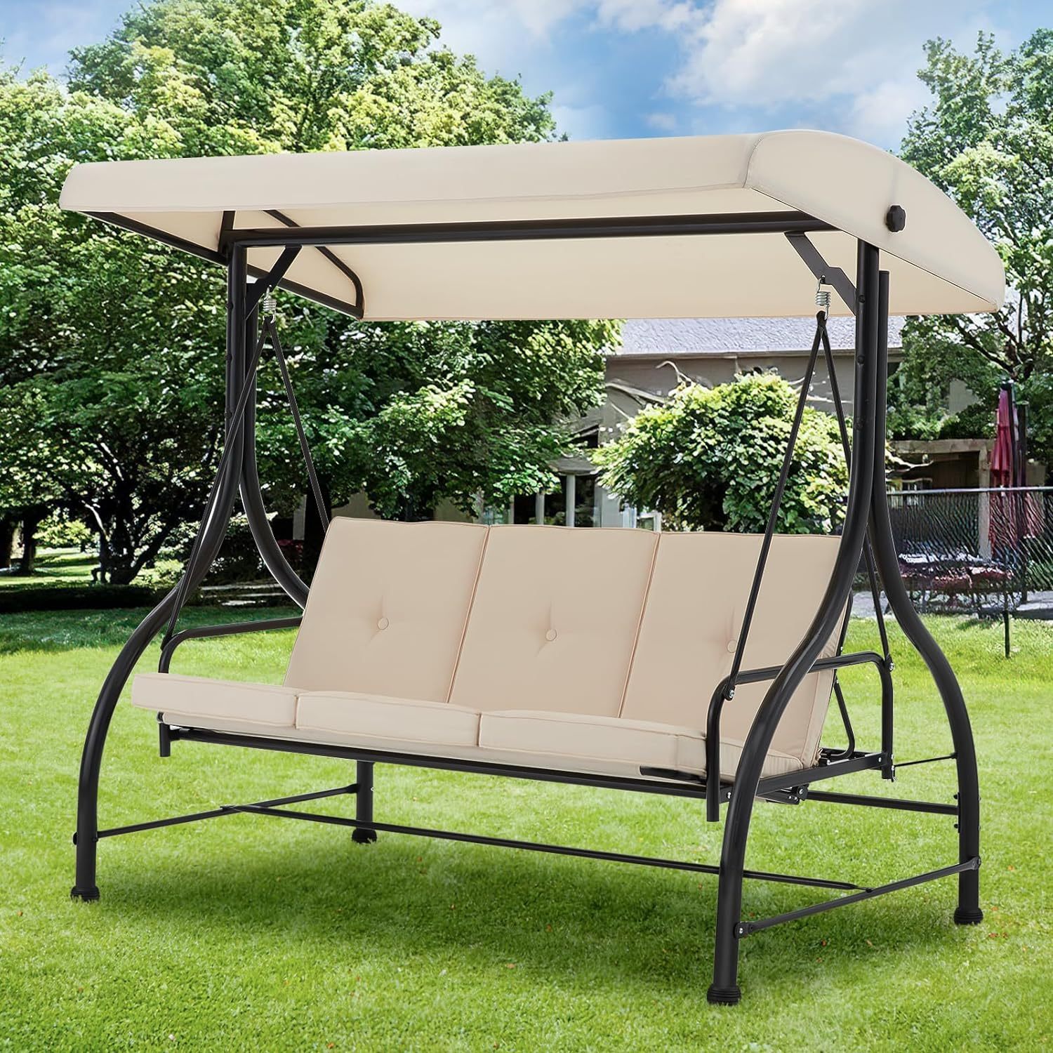 3-Seat Outdoor Patio Swing Chair, Converting Swing Glider Canopy Hammock w/Adjustable Backrest and Canopy, Removable Cushions for Porch, Backyard, Poolside, Beige