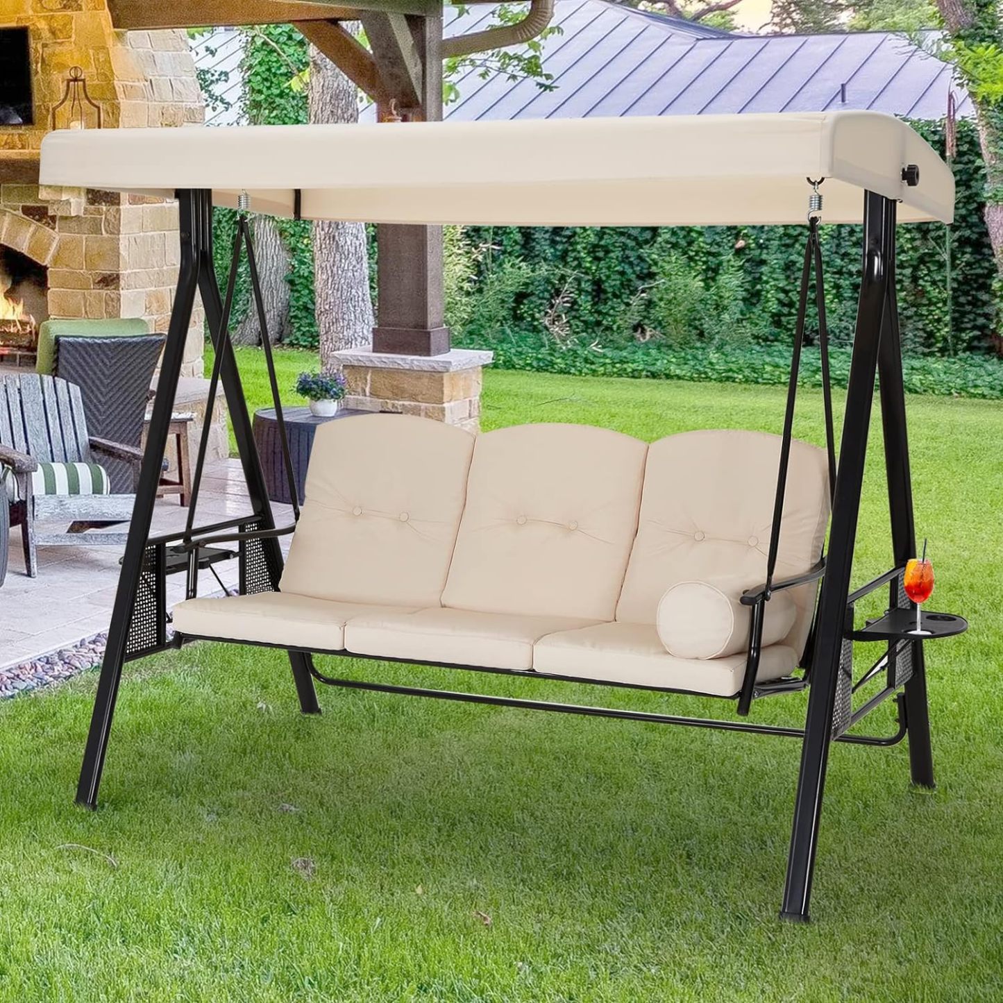 3-Seat Porch Swing Chair, Patio Swing Chair with Stand and Removable Cushions, Outdoor Canopy Swing Chair for Outside, Backyard, Garden(Beige Cushion&Steel Frame)