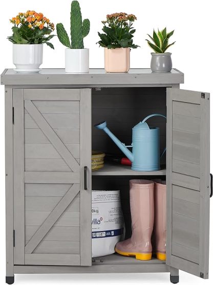 Outdoor Storage Cabinet & Potting Bench Table with Metal Top, Wooden Patio Furniture, Garden Workstation
