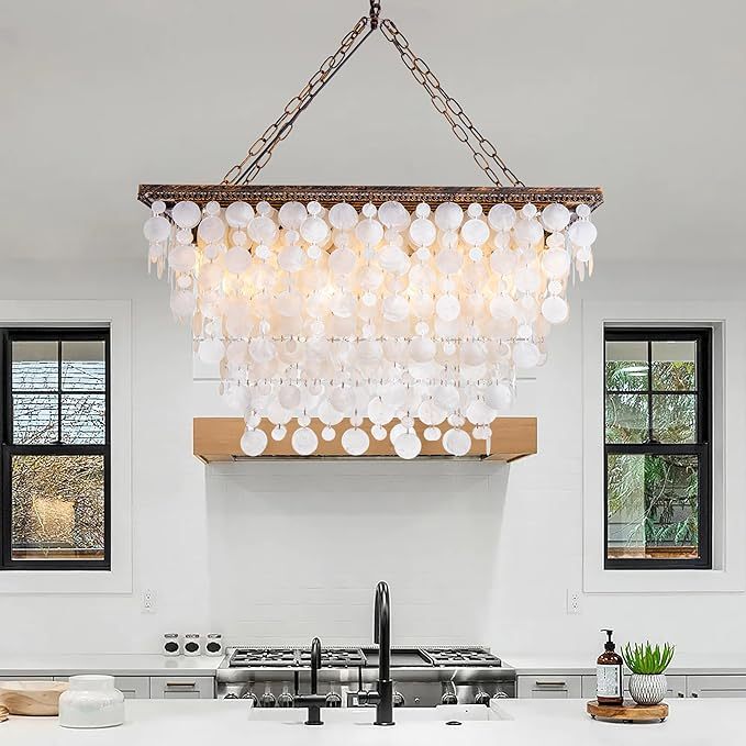 9 Lights Capiz Shell Chandelier for Kitchen Island, Seashell Pendant Light Ceiling Light Fixture, Rectangle Coastal Ceiling Hanging Light