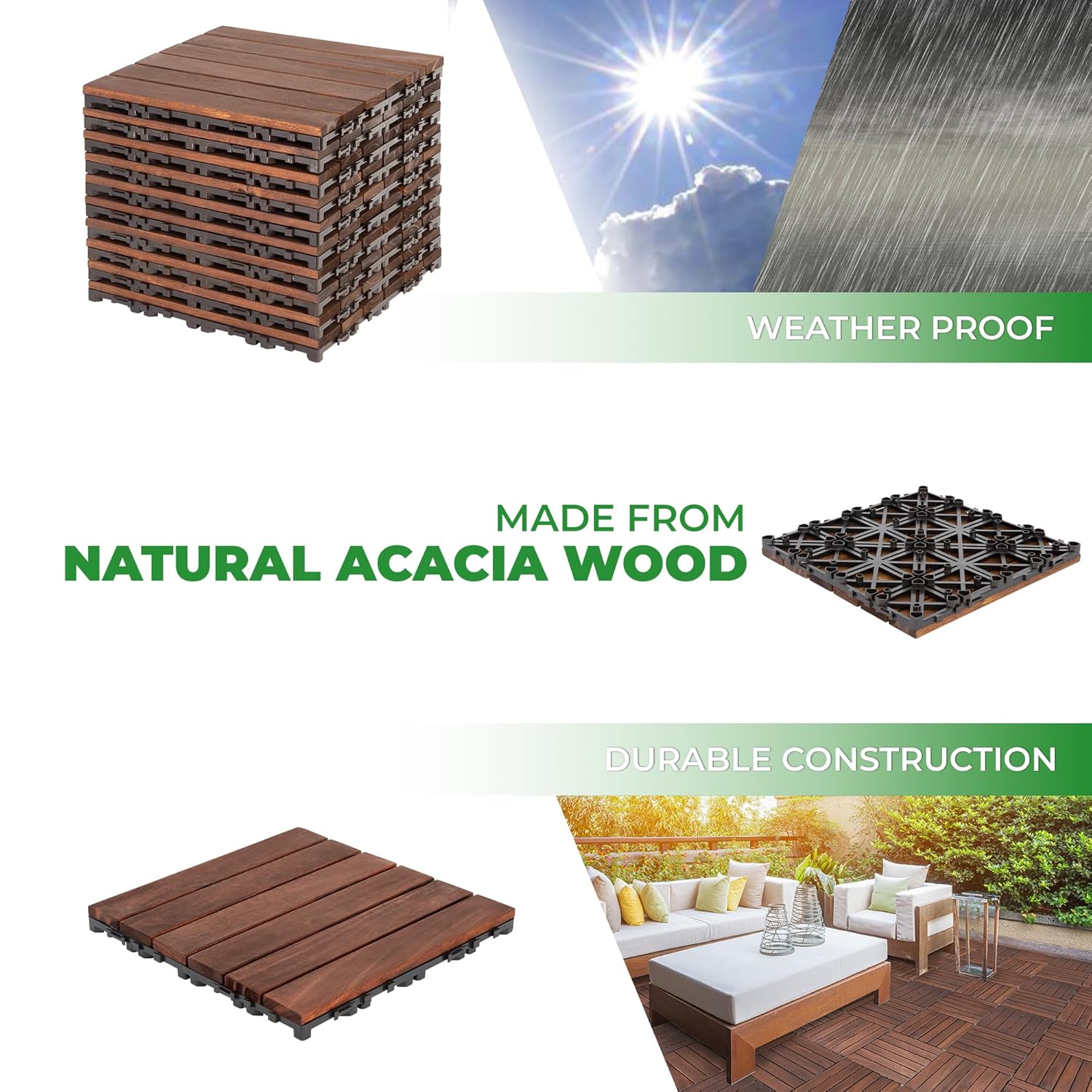 10Pcs Acacia Interlocking Tiles Patio 12"x12"x0.94"
