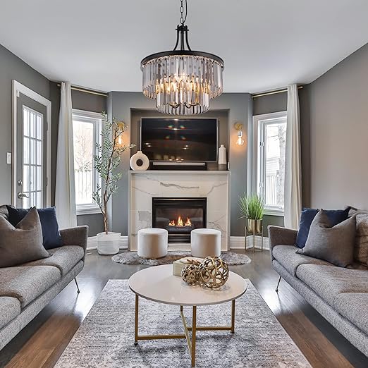 Modern Crystal Chandeliers,5 Light Farmhouse Chandelier for Dining Room,Hanging Light Fixture with Prism Crystal Shades,Black Pendant Lights for Living Room,Kitchen,Bedroom,Entryway,D-19.68''