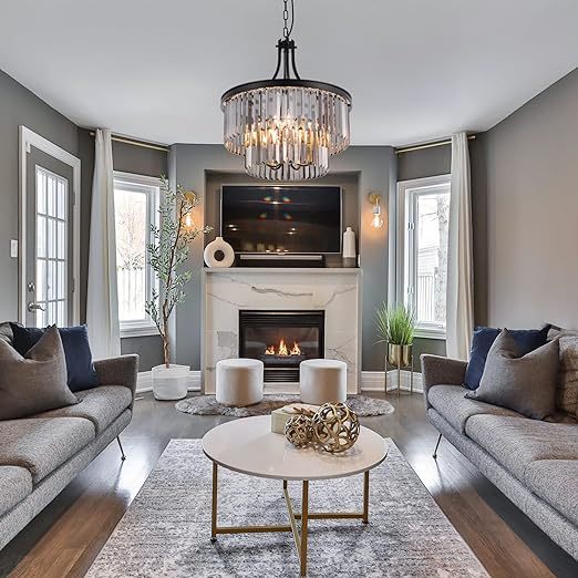 Modern Crystal Chandeliers,5 Light Farmhouse Chandelier for Dining Room,Hanging Light Fixture with Prism Crystal Shades,Black Pendant Lights for Living Room,Kitchen,Bedroom,Entryway,D-19.68''