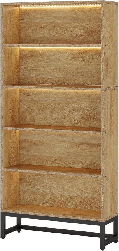 70.8" Large Bookcases Organizer with LED Lights, Heavy Duty Free-Standing Library Bookshelf with 5-Tier Storage Shelves