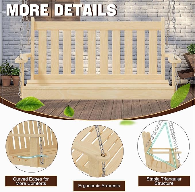 Outdoor Patio Hanging Wooden Porch Swing 4FT with Chains