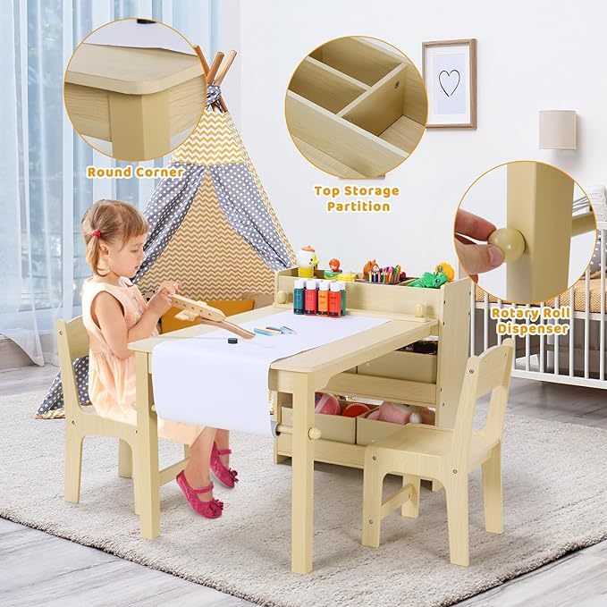 Toddler Craft Drawing Desk with Large Storage Shelves, 4 Storage Bins and Paper Roll
