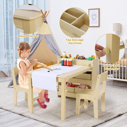 Toddler Craft Drawing Desk with Large Storage Shelves, 4 Storage Bins and Paper Roll