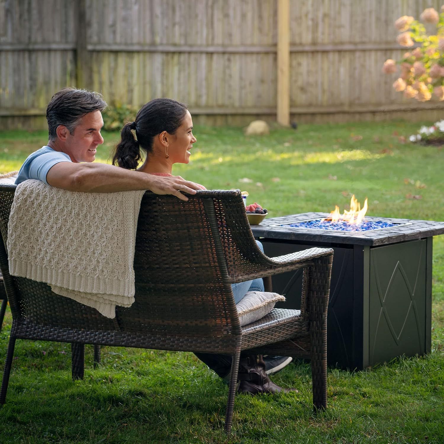 30 Inch Square 30,000 BTU Outdoor Propane Gas Patio Fire Table with Blue Fire Glass and Protective Cover