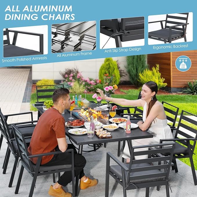Outdoor Patio Furniture Sets Aluminum Dining Set Large Size Dining Table with Fire Pit Table