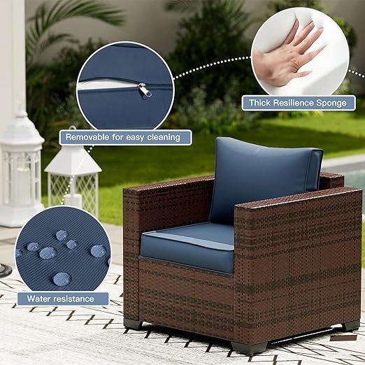 Wide Armrest Outdoor Patio Furniture Set, 5 Piece Patio Sectional Sofa with Storage Table for Backyard, Porch, Balcony, Poolside(Navy Blue)