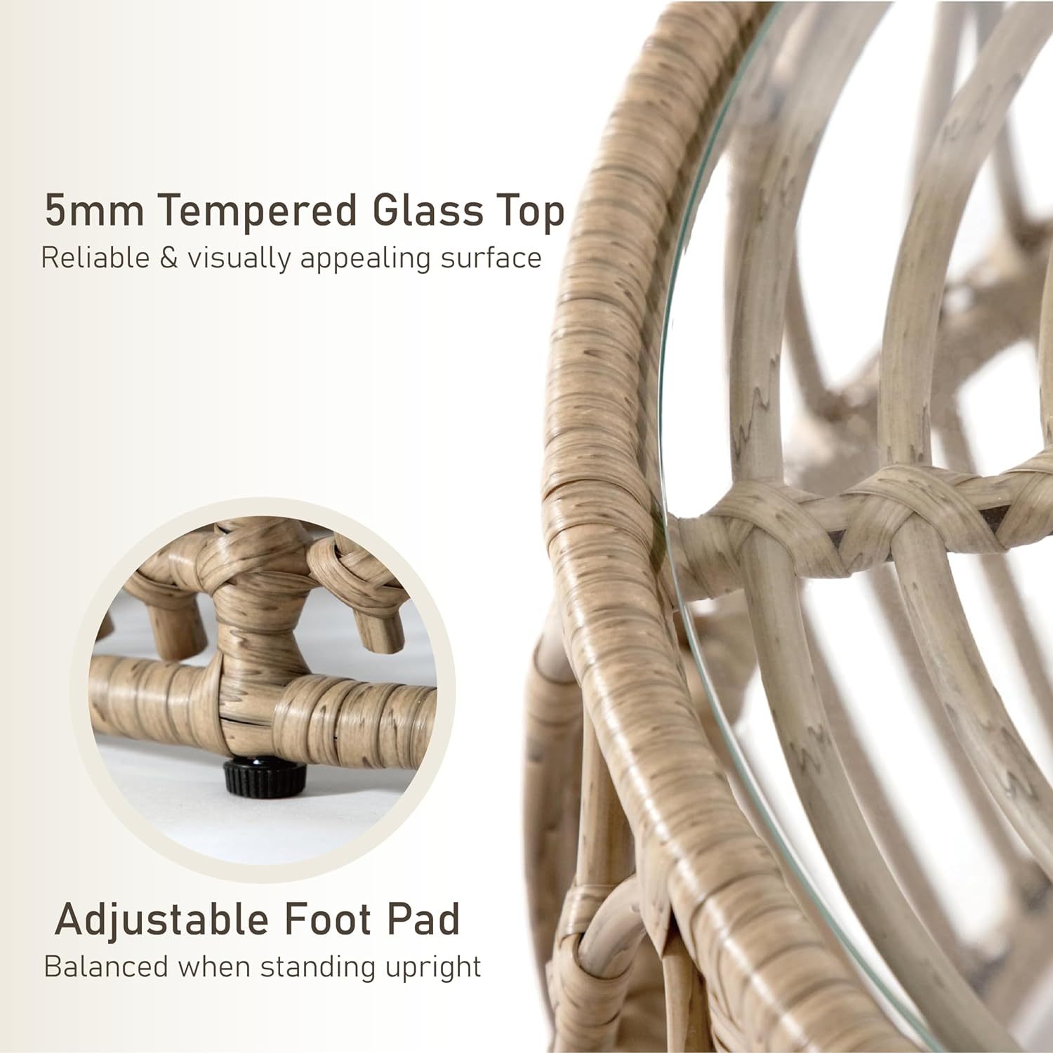 Boho Rattan Round Coffee Table Outdoor with 5mm Tempered Glass Top